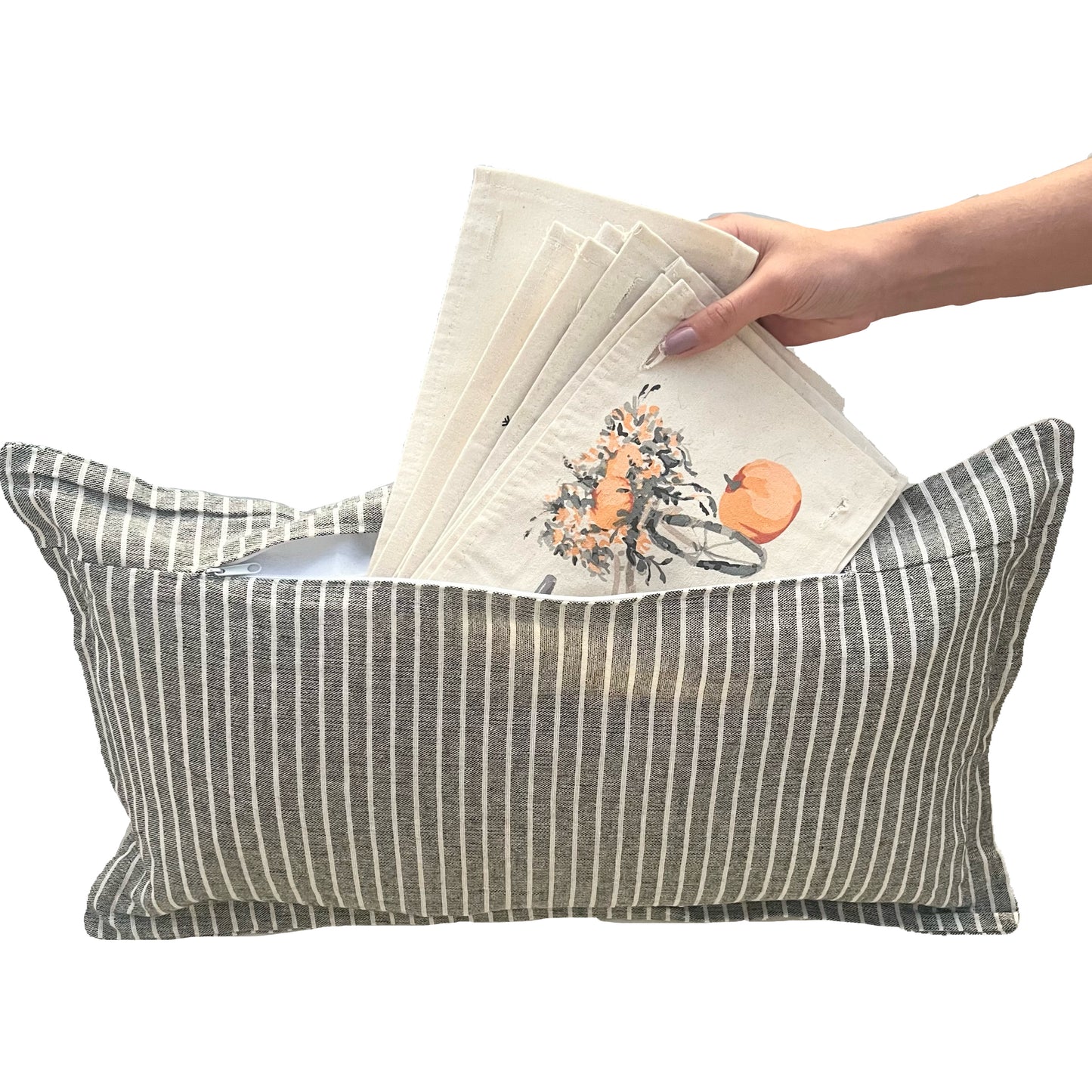 NEW BUNDLE SET: GRAY & WHITE TICKING STRIPES Pillow (comes with foam insert and these 3 panels in back pocket); Winter Spring Summer Fall Autumn: CANDY JARS, GATHER TOGETHER, CHRISTMAS BIKE