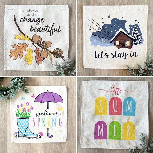 SQUARE BUNDLE SET: Charcoal Gray Solid Pillow (comes with foam insert and these 4 panels in back pocket); Winter Spring Summer Fall Autumn: FALL BRANCH, SUMMER POPSCICLE, SPRING RAIN BOOT/UMBRELLA, SKI LODGE CHAIRLIFT