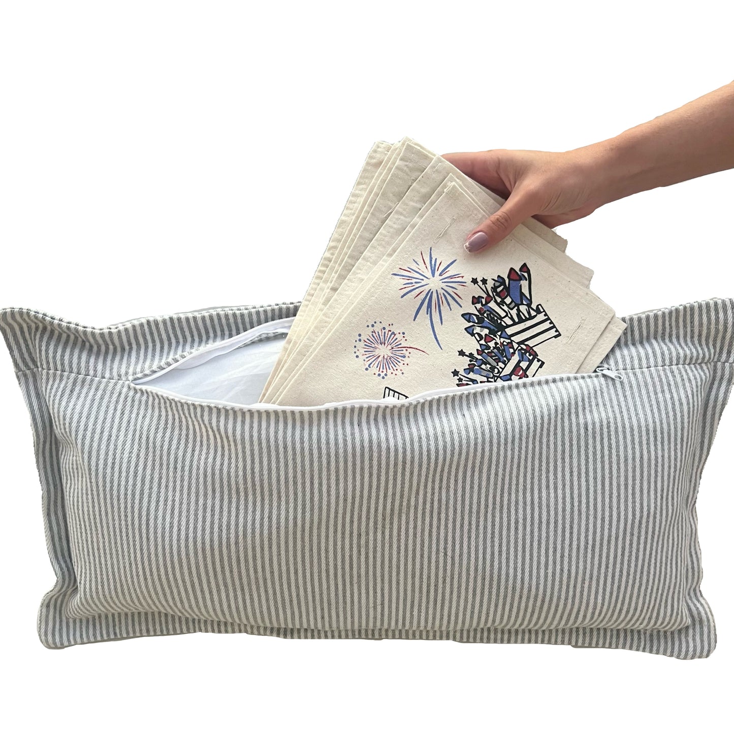 SEASONAL BUNDLE SET: Gray/White Ticking Stripes Pillow (comes with foam insert and these 4 panels in back pocket); Winter Spring Summer Fall Autumn: THANKFUL PUMPKINS, DEER, BUNNY HOP EASTER, HOME SWEET HIVE BEE