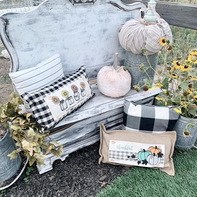 GIFT GUIDE: FOR THOSE THAT ARE HARD TO BUY FOR! SEASONAL SET: Buffalo Check Gingham Pillow (comes w/ foam insert & these 4 panels in back pocket) SUNFLOWERS, SNOWMAN SCARVES, BE MY VALENTINE, SUMMER VINTAGE CAMPER
