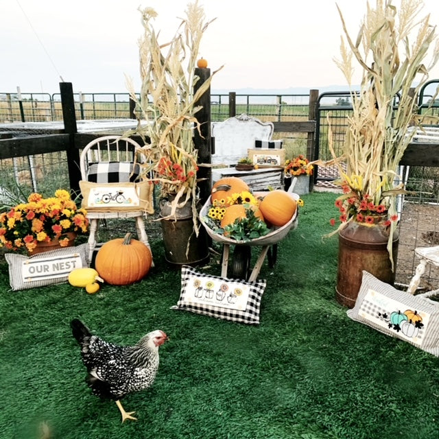 SEASONAL BUNDLE SET: Gray/White Ticking Stripes Pillow (comes with foam insert and these 4 panels in back pocket); Winter Spring Summer Fall Autumn: THANKFUL PUMPKINS, DEER, BUNNY HOP EASTER, HOME SWEET HIVE BEE