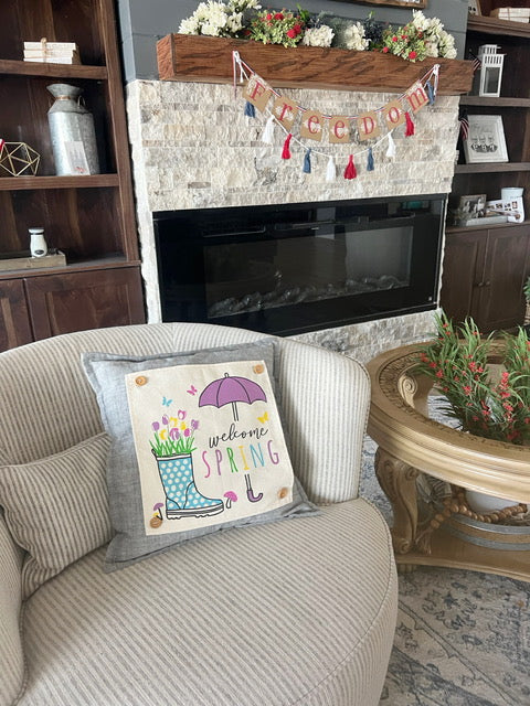 SQUARE BUNDLE SET: Charcoal Gray Solid Pillow (comes with foam insert and these 4 panels in back pocket); Winter Spring Summer Fall Autumn: FALL BRANCH, SUMMER POPSCICLE, SPRING RAIN BOOT/UMBRELLA, SKI LODGE CHAIRLIFT