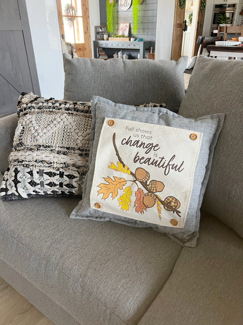 NEW! Custom Wedding Gift Bundle:  2 seasons + SQUARE GRAY pillow + custom last name panel:  ACORN BRANCH, CANDY CANES, CUSTOM LAST NAME PANEL