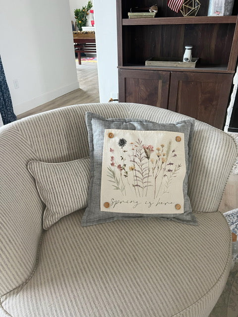 SQUARE BUNDLE SET: TICKING STRIPES PILLOW (comes with foam insert and these 4 panels in back pocket); Winter Spring Summer Fall Autumn: SKI BENCH, HELLO PUMPKIN, LAND THAT I LOVE, SPRING DRIED FLOWERS