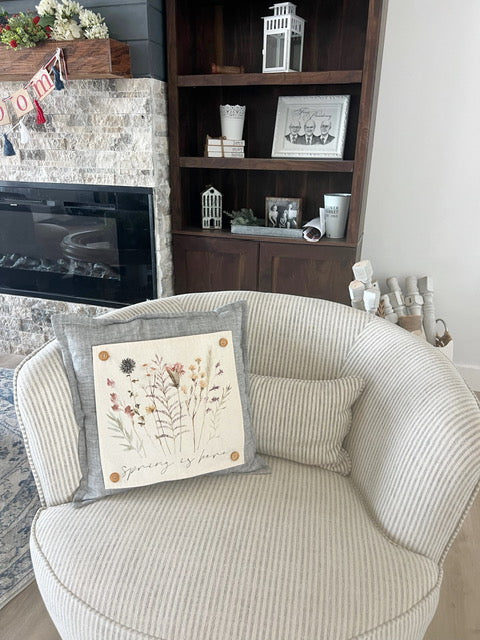 SQUARE BUNDLE SET: TICKING STRIPES PILLOW (comes with foam insert and these 4 panels in back pocket); Winter Spring Summer Fall Autumn: SKI BENCH, HELLO PUMPKIN, LAND THAT I LOVE, SPRING DRIED FLOWERS