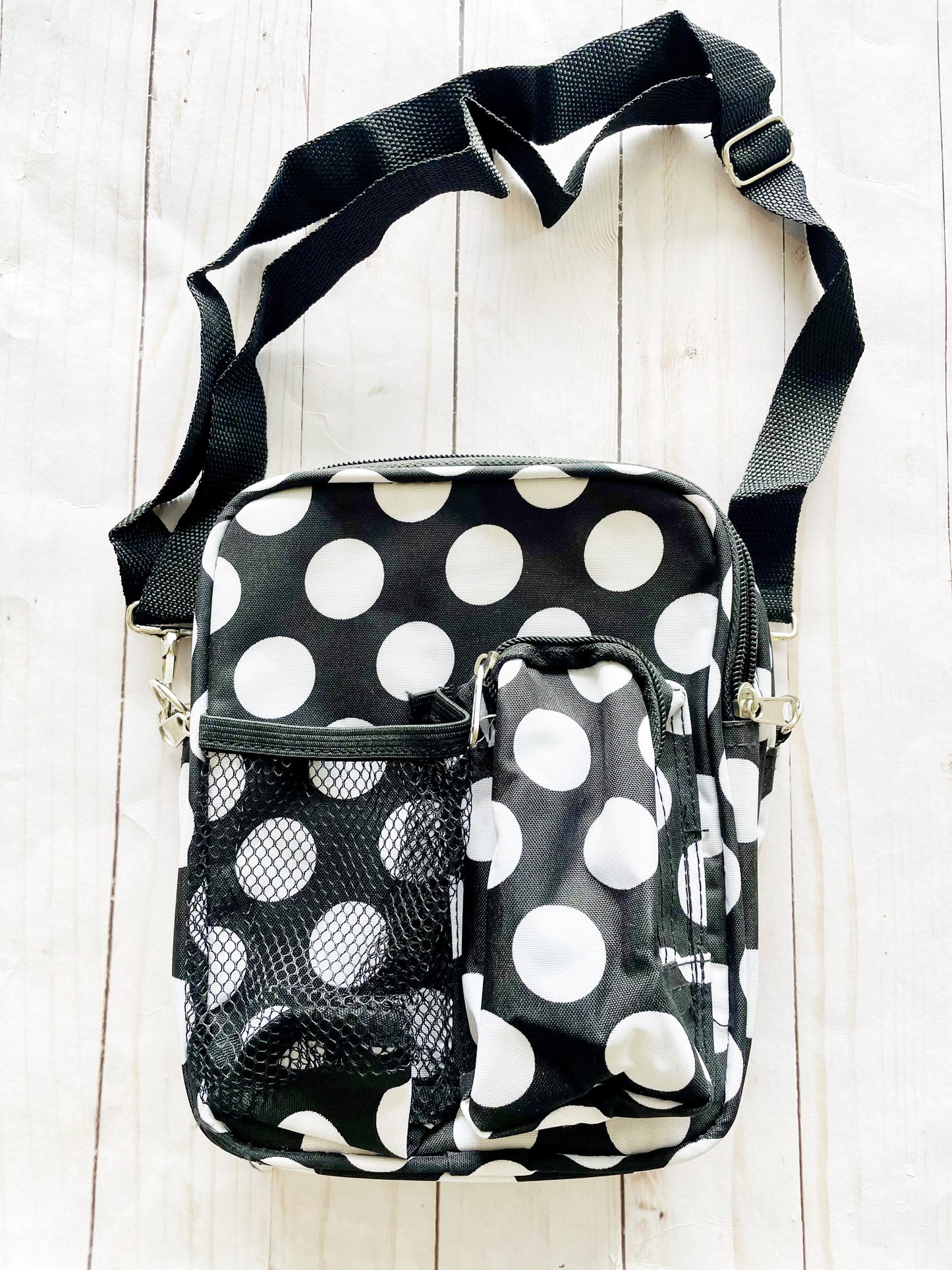 Gift for: Teen/College/Mom /Working Gal: black Polka Dot Messanger bag purse