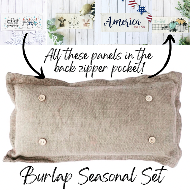 SEASONAL BUNDLE SET: Burlap Idaho Potato Farm Sack Bag Pillow (comes with insert and these 4 panels inside back pocket); Winter Spring Summer Fall Autumn: Thankful Pumpkins, Jack Frost Snowman, Barn Farm Animals, American 1776