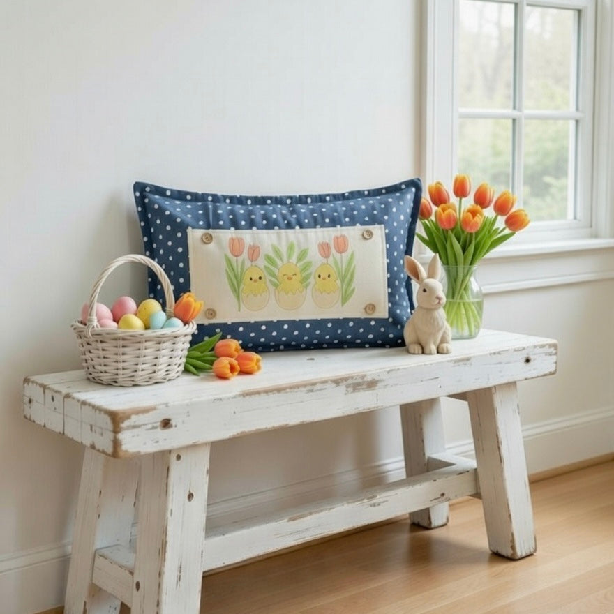 PILLOW ONLY RECTANGLE denim country blue with white polka dots: BLUE POLKA-DOT PILLOW (with fluffy insert)
