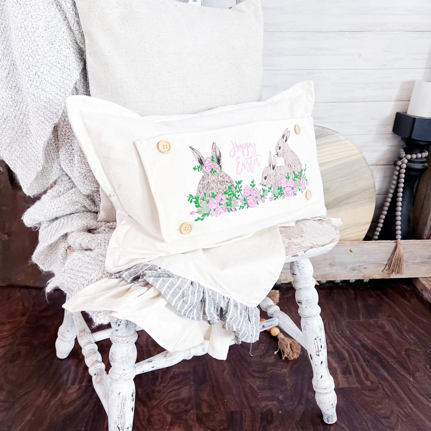 SEASONAL BUNDLE SET: Gray/White Ticking Stripes Pillow (comes with foam insert and these 4 panels in back pocket); Winter Spring Summer Fall Autumn: THANKFUL PUMPKINS, DEER, BUNNY HOP EASTER, HOME SWEET HIVE BEE