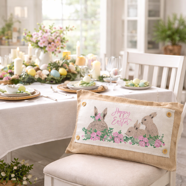 PANEL ONLY: RECTANGLE Spring Flowers Hop Chocolate Bunny Happy Easter Bunnies Garden; FLORAL RABBIT