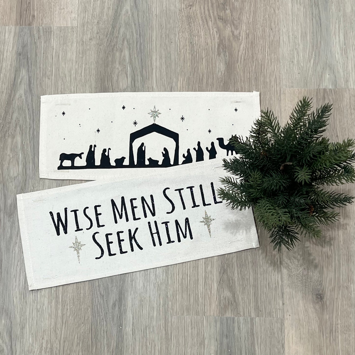 NEW! GLITTER GIFT PARTY PACKAGE BUNDLE: Holiday Pillow Cover Panel Christmas Winter: WISE MEN STILL SEEK HIM / NATIVITY SILOUETTE SHINING SPARKLE STAR