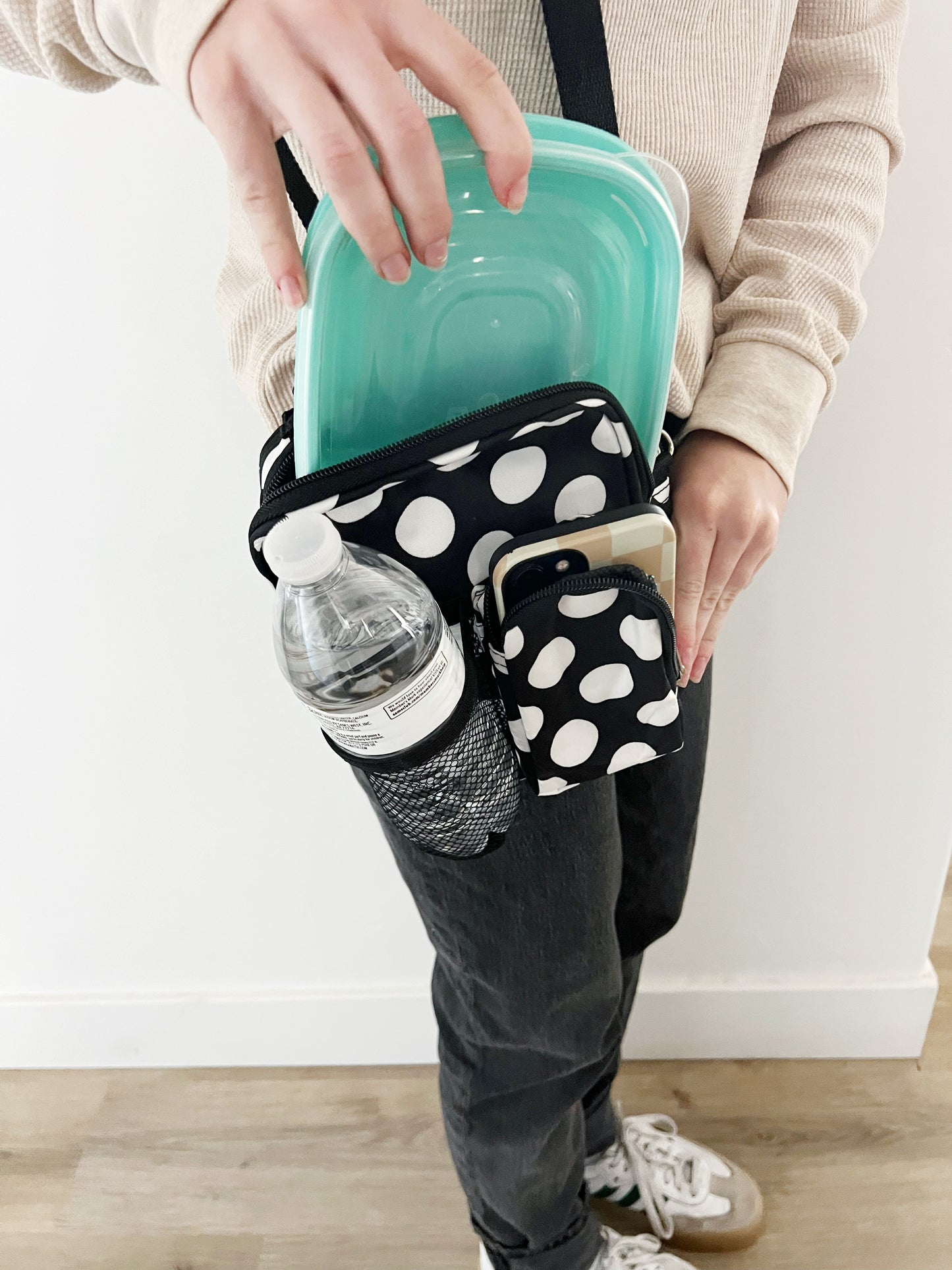 Gift for: Teen/College/Mom /Working Gal: black Polka Dot Messanger bag purse