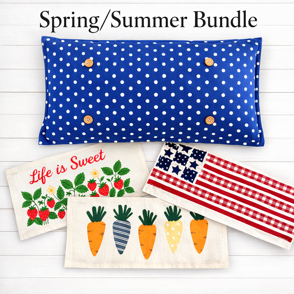 NEW! SPRING/SUMMER BUNDLE: 3 seasons +BLUE POLKA DOT pillow: STRAWBERRY PATCH CARROT PATCH, BARN QUILT FLAG