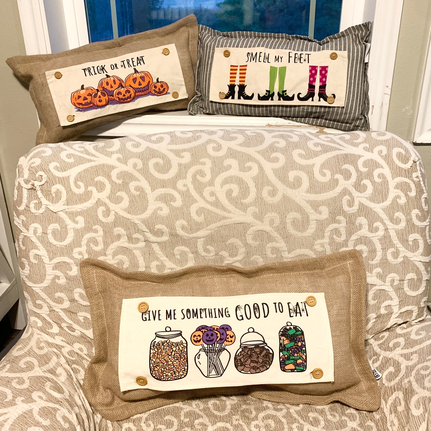 SEASONAL BUNDLE SET: Burlap Idaho Potato Farm Sack Bag Pillow (comes with insert and these 4 panels inside back pocket); Winter Spring Summer Fall Autumn: DEER, BUNNY HOP EASTER, HOME SWEET HIVE BEE, THANKFUL PUMPKINS,