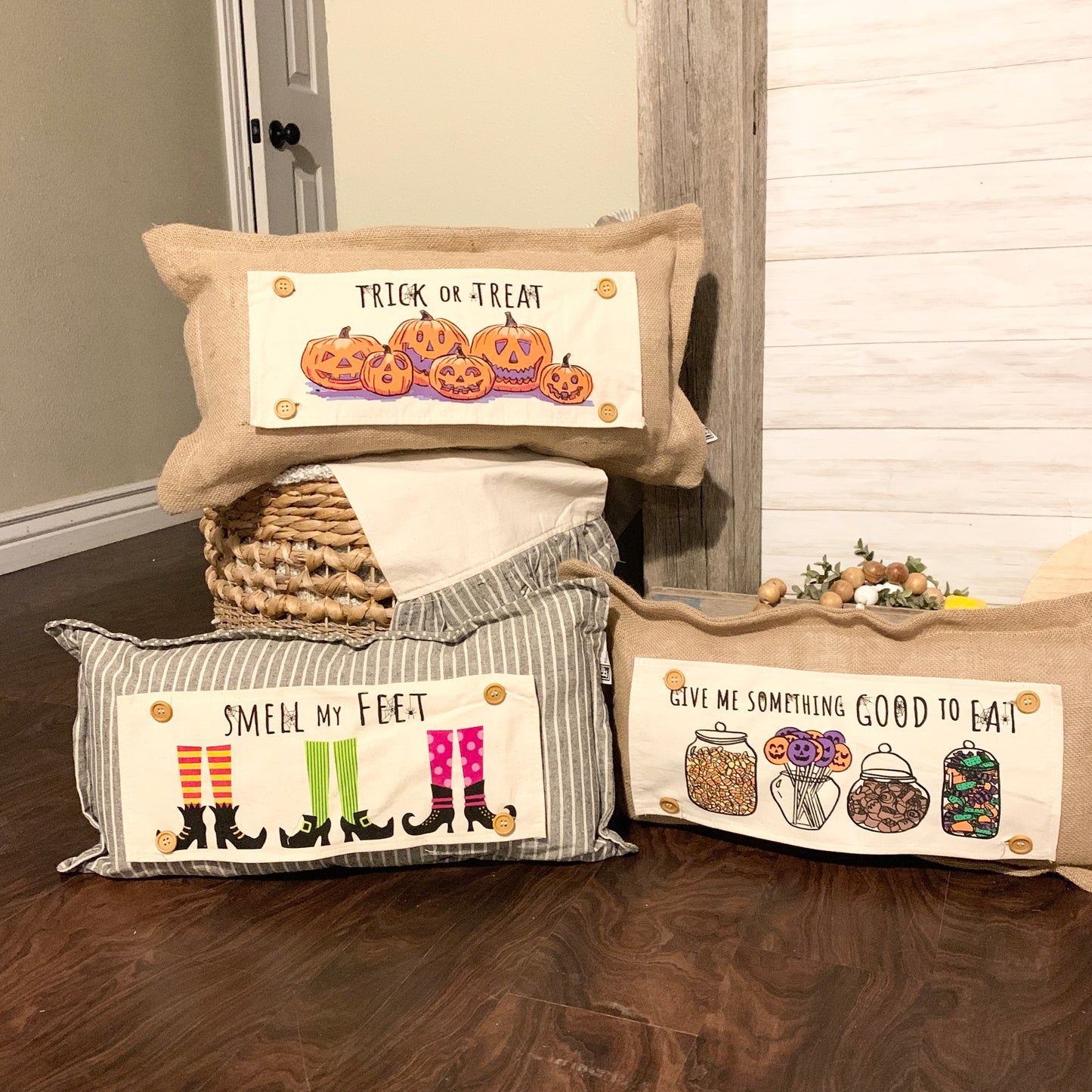 SEASONAL BUNDLE SET: Burlap Idaho Potato Farm Sack Bag Pillow (comes with insert and these 4 panels inside back pocket); Winter Spring Summer Fall Autumn: DEER, BUNNY HOP EASTER, HOME SWEET HIVE BEE, THANKFUL PUMPKINS,