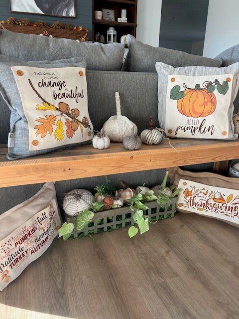 New! Bundle Deal: Fall Pillows & Panels Bundle. SQUARE TICKING STRIPED PILLOW, ACORN BRANCH, SUNFLOWERS, BURLAP PILLOW