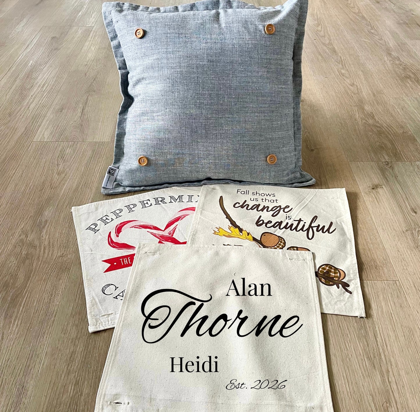 NEW! Custom Wedding Gift Bundle:  2 seasons + SQUARE GRAY pillow + custom last name panel:  ACORN BRANCH, CANDY CANES, CUSTOM LAST NAME PANEL