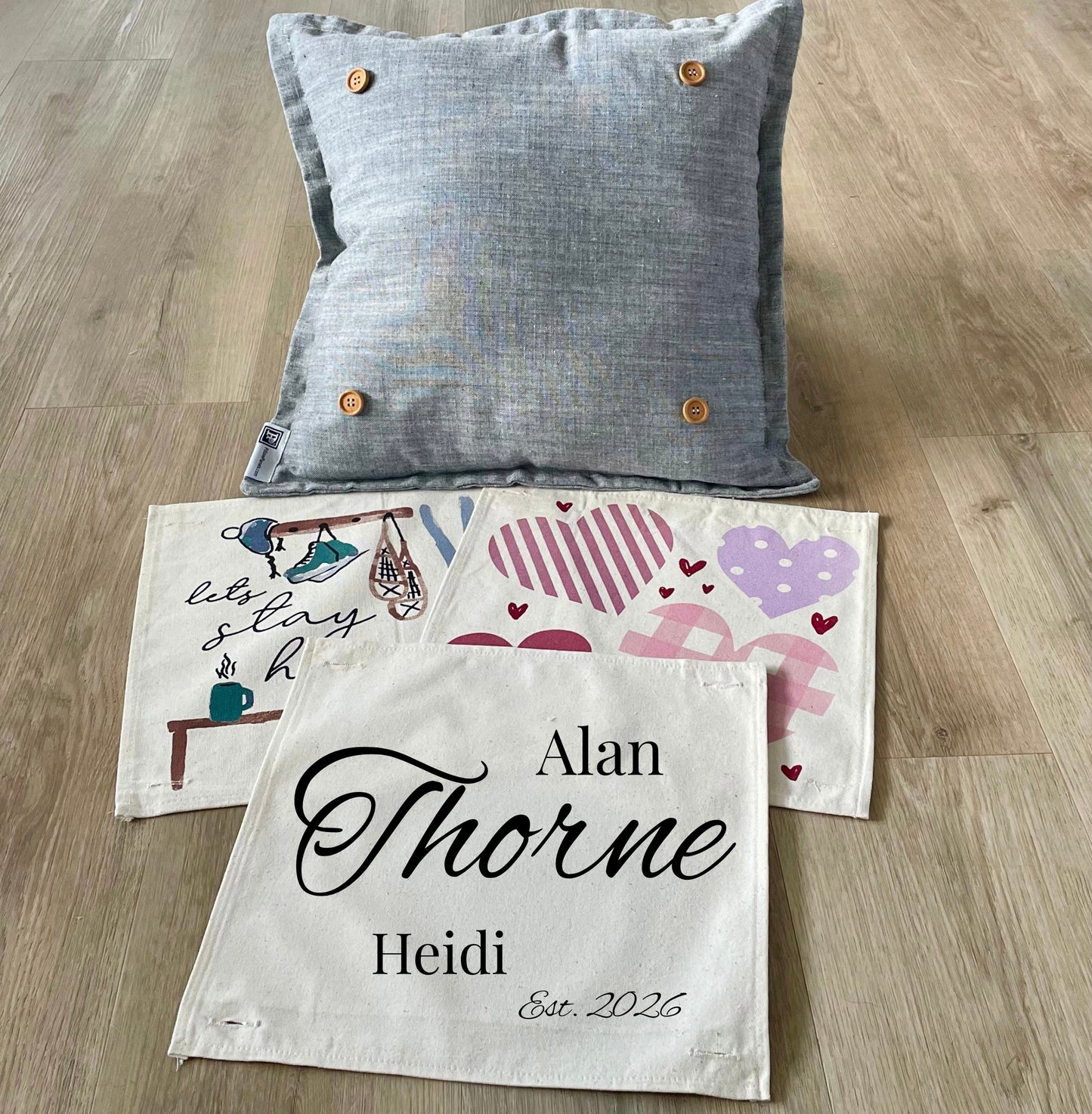 NEW! Custom Winter Wedding Gift Bundle: 2 seasons + SQUARE GRAY pillow + custom last name panel: SKI BENCH, HEARTS, CUSTOM LAST NAME PANEL