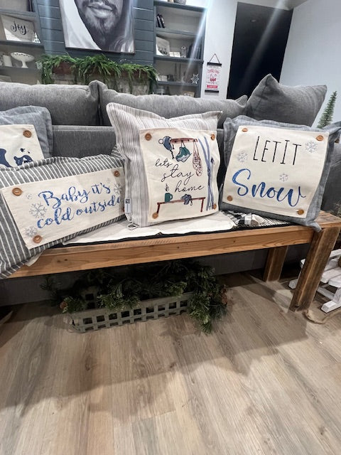 SQUARE BUNDLE SET: TICKING STRIPES PILLOW (comes with foam insert and these 4 panels in back pocket); Winter Spring Summer Fall Autumn: SKI BENCH, HELLO PUMPKIN, LAND THAT I LOVE, SPRING DRIED FLOWERS