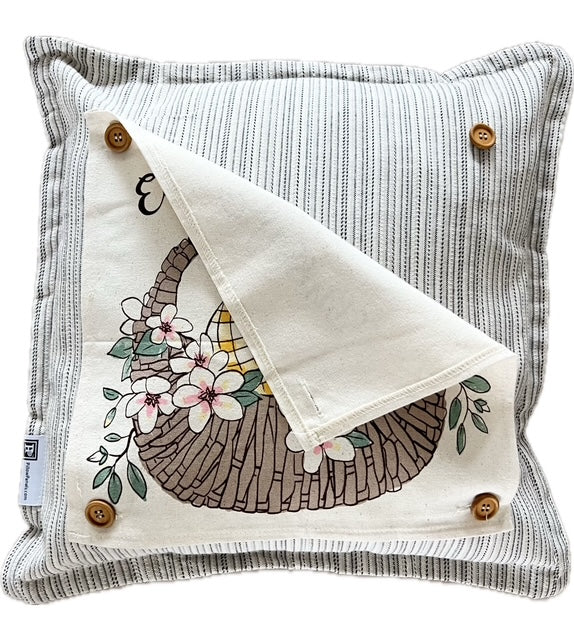SQUARE BUNDLE SET: TICKING STRIPES PILLOW (comes with foam insert and these 4 panels in back pocket); Winter Spring Summer Fall Autumn: SKI BENCH, HELLO PUMPKIN, LAND THAT I LOVE, SPRING DRIED FLOWERS
