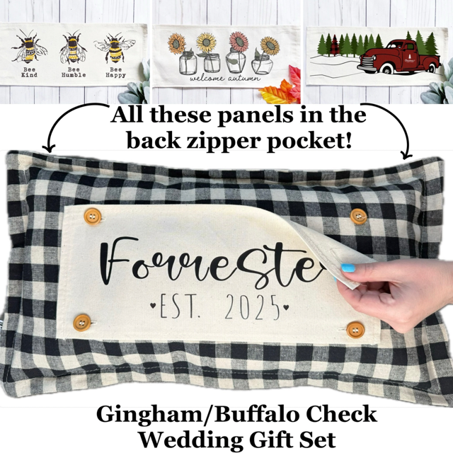 Custom Wedding Gift Bundle: 3 seasons + GINGHAM/BUFFALO CHECK pillow + custom last name panel: 3 BEES BEE KIND / SUNFLOWER JARS / VINTAGE CHRISTMAS TREE TRUCK /CUSTOM LAST NAME PANEL