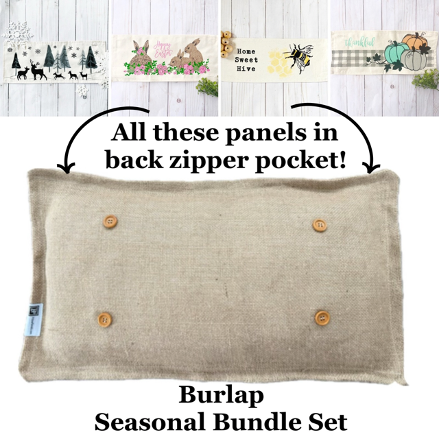 SEASONAL BUNDLE SET: Burlap Idaho Potato Farm Sack Bag Pillow (comes with insert and these 4 panels inside back pocket); Winter Spring Summer Fall Autumn: DEER, BUNNY HOP EASTER, HOME SWEET HIVE BEE, THANKFUL PUMPKINS,