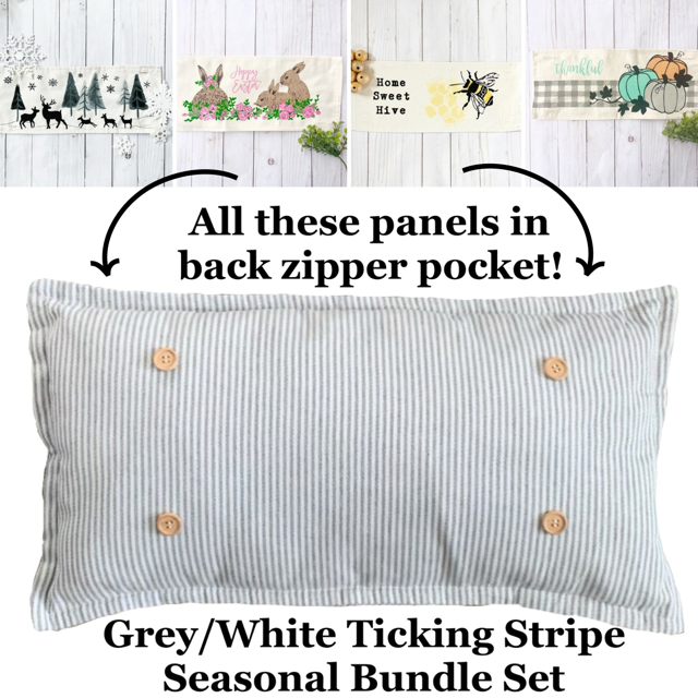 SEASONAL BUNDLE SET: Gray/White Ticking Stripes Pillow (comes with foam insert and these 4 panels in back pocket); Winter Spring Summer Fall Autumn: THANKFUL PUMPKINS, DEER, BUNNY HOP EASTER, HOME SWEET HIVE BEE