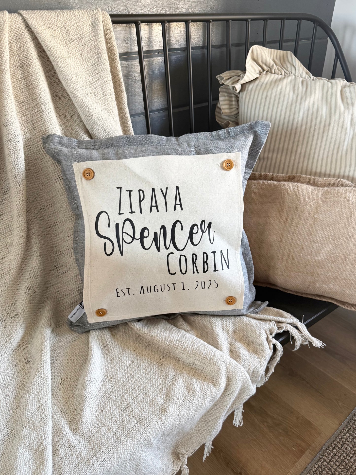 NEW! Custom Winter Wedding Gift Bundle: 2 seasons + SQUARE GRAY pillow + custom last name panel: SKI BENCH, HEARTS, CUSTOM LAST NAME PANEL