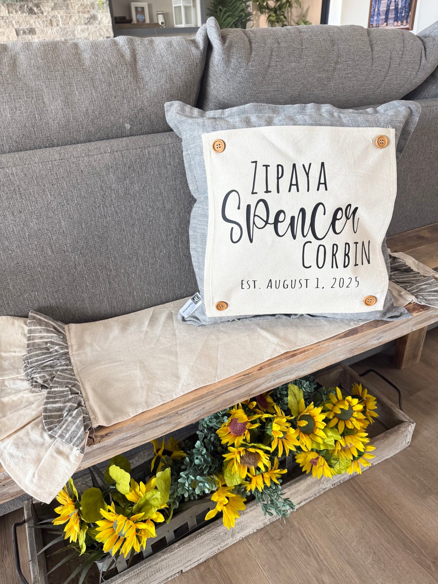 NEW! Custom Wedding Gift Bundle:  2 seasons + SQUARE GRAY pillow + custom last name panel:  ACORN BRANCH, CANDY CANES, CUSTOM LAST NAME PANEL