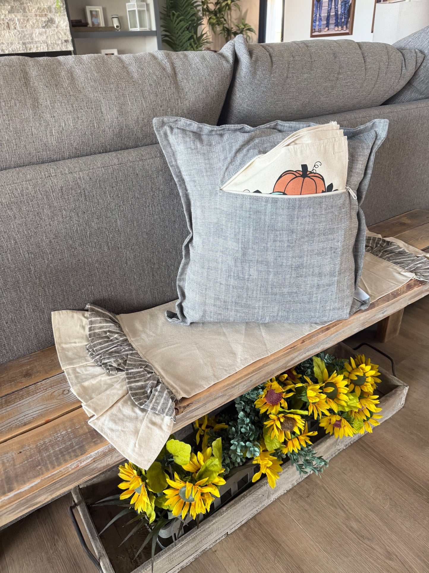 NEW! Custom Wedding Gift Bundle:  2 seasons + SQUARE GRAY pillow + custom last name panel:  ACORN BRANCH, CANDY CANES, CUSTOM LAST NAME PANEL