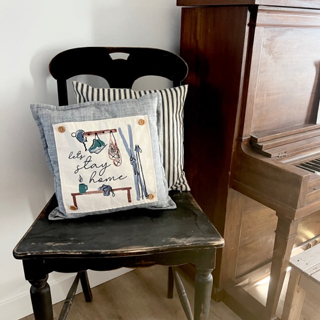 SQUARE BUNDLE SET: TICKING STRIPES PILLOW (comes with foam insert and these 4 panels in back pocket); Winter Spring Summer Fall Autumn: SKI BENCH, HELLO PUMPKIN, LAND THAT I LOVE, SPRING DRIED FLOWERS
