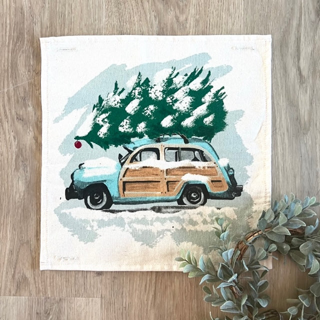 SQUARE Holiday Panel: Christmas Griswald Family Tradition Tree Cutting Snow Scene Winter Wonderland; VINTAGE STATION WAGON