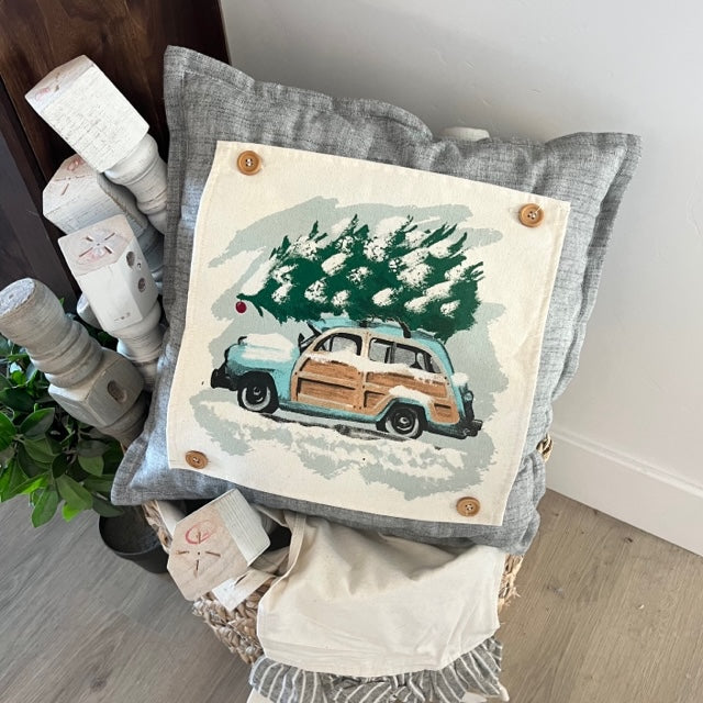 SQUARE Holiday Panel: Christmas Griswald Family Tradition Tree Cutting Snow Scene Winter Wonderland; VINTAGE STATION WAGON