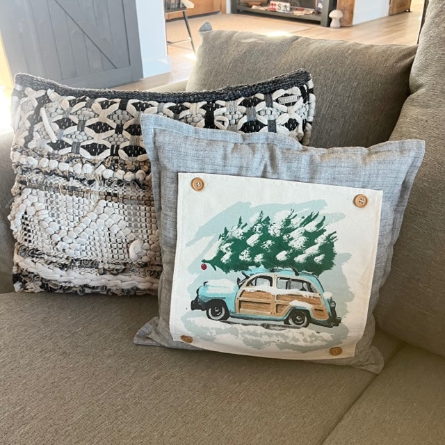 SQUARE Holiday Panel: Christmas Griswald Family Tradition Tree Cutting Snow Scene Winter Wonderland; VINTAGE STATION WAGON