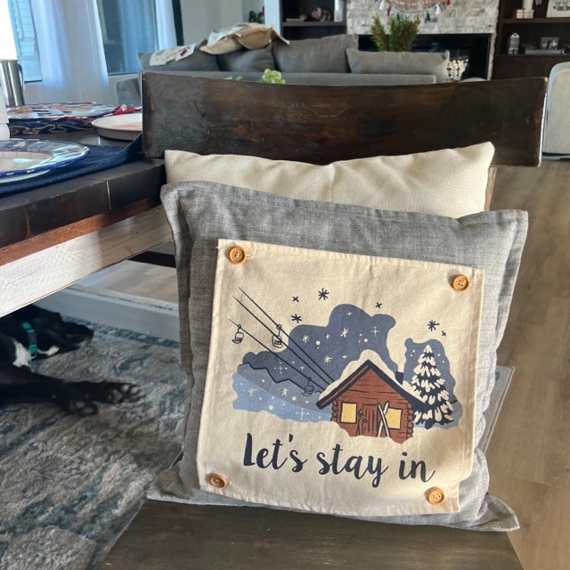 SQUARE BUNDLE SET: Charcoal Gray Solid Pillow (comes with foam insert and these 4 panels in back pocket); Winter Spring Summer Fall Autumn: FALL BRANCH, SUMMER POPSCICLE, SPRING RAIN BOOT/UMBRELLA, SKI LODGE CHAIRLIFT