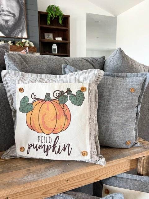 SQUARE BUNDLE SET: TICKING STRIPES PILLOW (comes with foam insert and these 4 panels in back pocket); Winter Spring Summer Fall Autumn: SKI BENCH, HELLO PUMPKIN, LAND THAT I LOVE, SPRING DRIED FLOWERS