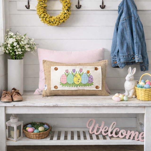 PANEL ONLY: RECTANGLE Spring, Pastel, Bunny, Buffalo Check, Checkered Gingham; PASTEL QUILTED EGGS with TUILIPS