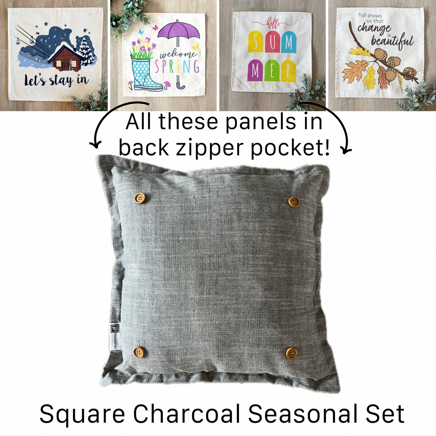 SQUARE BUNDLE SET: Charcoal Gray Solid Pillow (comes with foam insert and these 4 panels in back pocket); Winter Spring Summer Fall Autumn: FALL BRANCH, SUMMER POPSCICLE, SPRING RAIN BOOT/UMBRELLA, SKI LODGE CHAIRLIFT