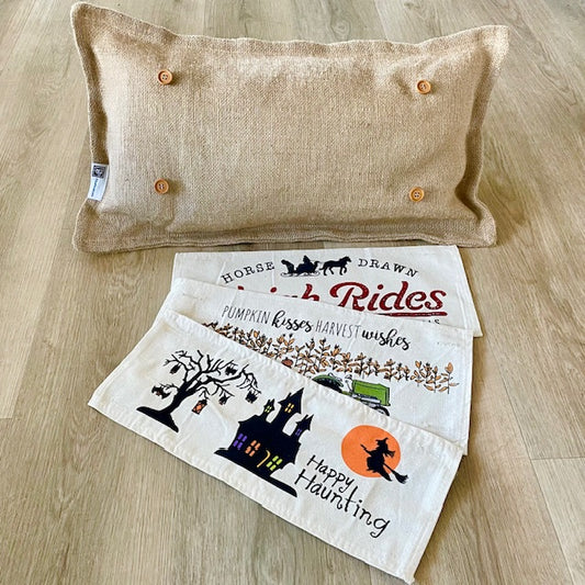 NEW! BUNDLE SET: Burlap Idaho Potato Farm Sack Bag Pillow  (comes with insert and these 4 panels inside back pocket); Winter Spring Summer Fall Autumn: DEER, BUNNY HOP EASTER, HOME SWEET HIVE BEE, THANKFUL PUMPKINS,