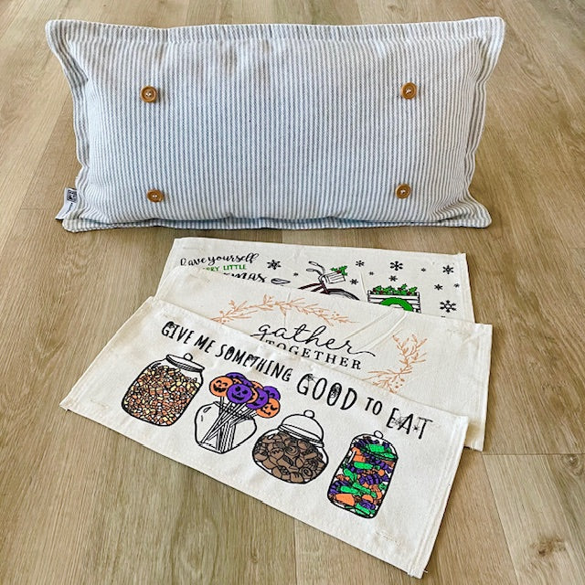NEW BUNDLE SET: GRAY & WHITE TICKING STRIPES Pillow (comes with foam insert and these 3 panels in back pocket); Winter Spring Summer Fall Autumn: CANDY JARS, GATHER TOGETHER, CHRISTMAS BIKE