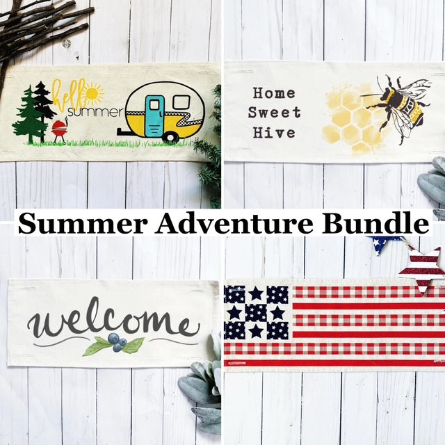 Bundle Deal: Summer Adventure Bundle (4 pack) SAVE!!!:WELCOME, SUMMER CAMPER, HOME SWEET HIVE, BARN QUILT FLAG