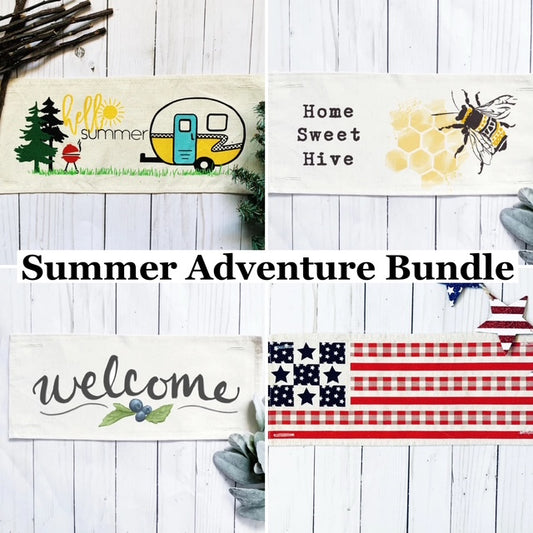 Bundle Deal: Summer Adventure Bundle (4 pack) SAVE!!!:WELCOME, SUMMER CAMPER, HOME SWEET HIVE, BARN QUILT FLAG