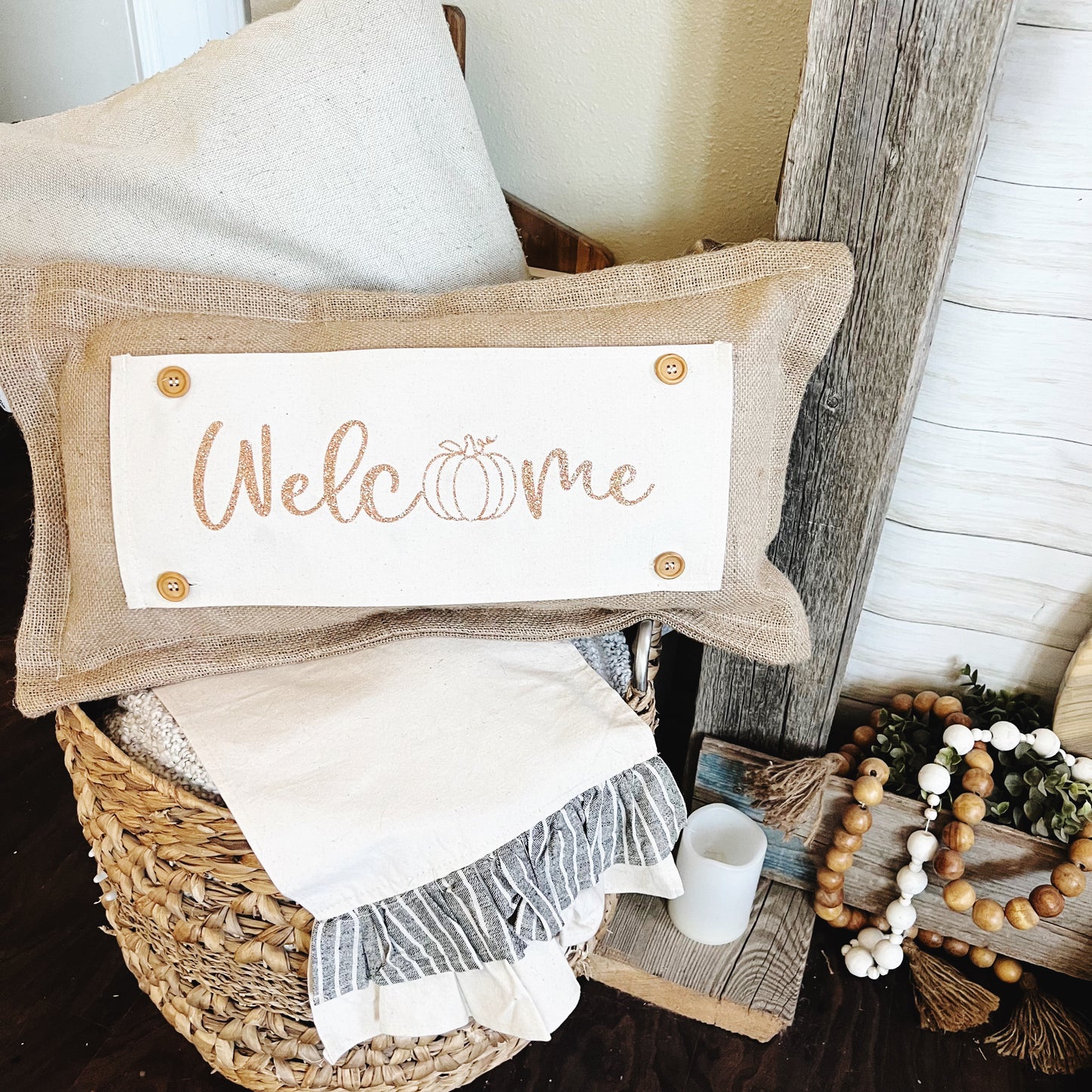 SEASONAL BUNDLE SET: Burlap Idaho Potato Farm Sack Bag Pillow (comes with insert and these 4 panels inside back pocket); Winter Spring Summer Fall Autumn: DEER, BUNNY HOP EASTER, HOME SWEET HIVE BEE, THANKFUL PUMPKINS,