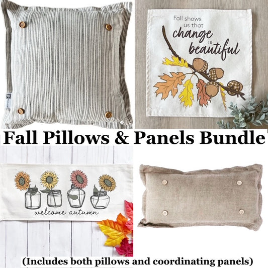 New! Bundle Deal: Fall Pillows & Panels Bundle. SQUARE TICKING STRIPED PILLOW, ACORN BRANCH, SUNFLOWERS, BURLAP PILLOW
