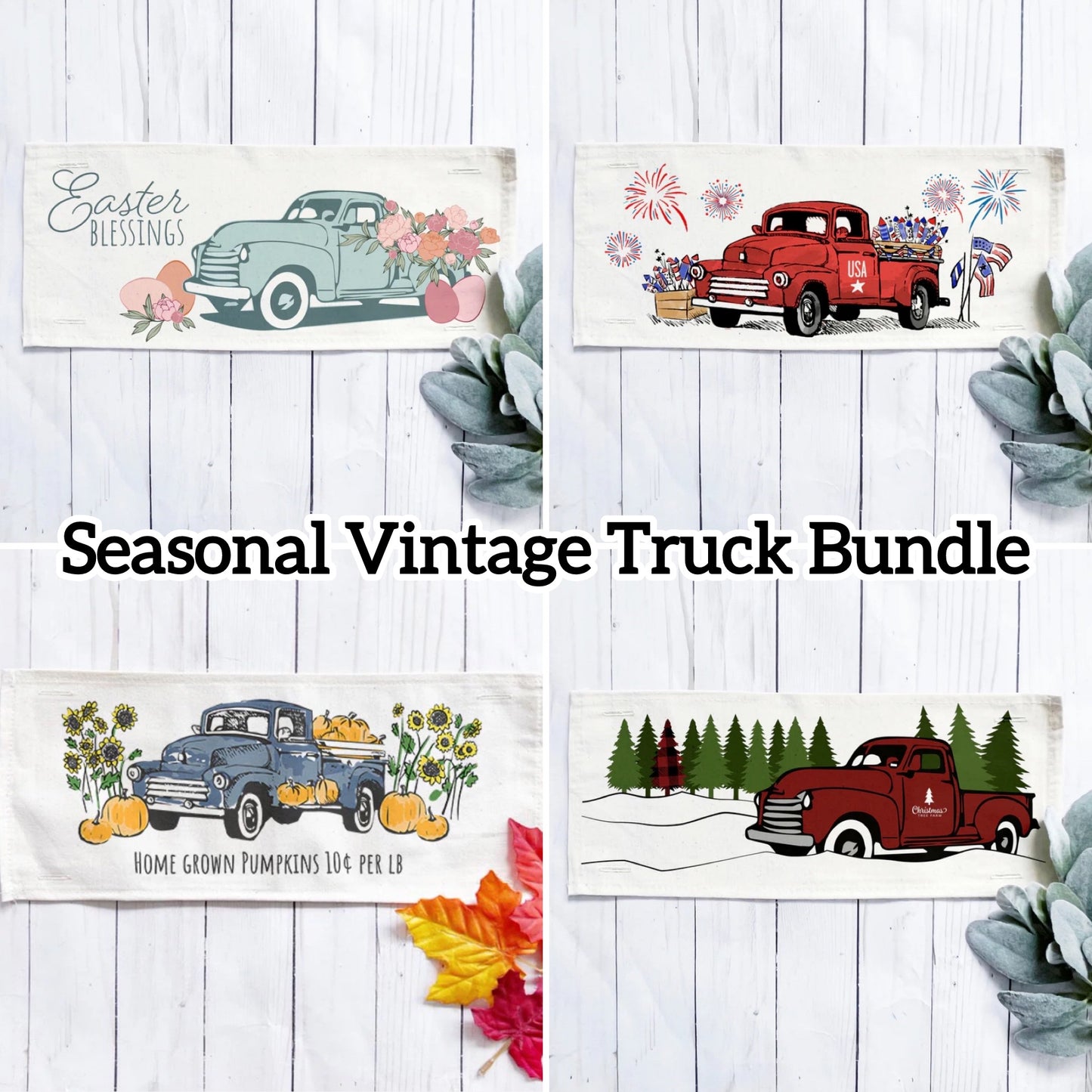 Bundle Deal: Vintage Truck Panels (4 pack) SAVE!! Spring, Summer, Fall, Christmas, EASTER / FIREWORKS / PUMPKIN / PLAID TREE TRUCKS