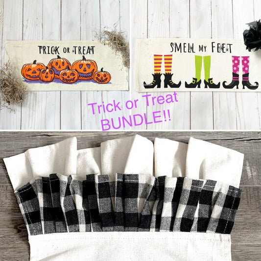 PARTY PACKAGE BUNDLE: Holiday Panel Halloween October Fall Autumn:  Trick or Treat / Smell My Feet + BUFFALO CHECK RUNNER