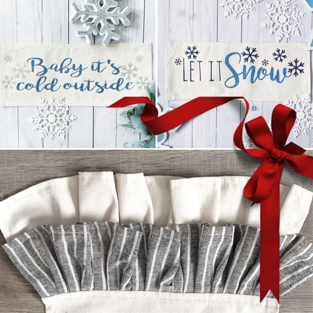 NEW! GLITTER GIFT PARTY PACKAGE BUNDLE: Holiday Pillow Cover Panel Christmas Winter Wonderland: GLITTER LET IT SNOW / BABY IT'S COLD OUTSIDE + charcoal gray stripes table runner