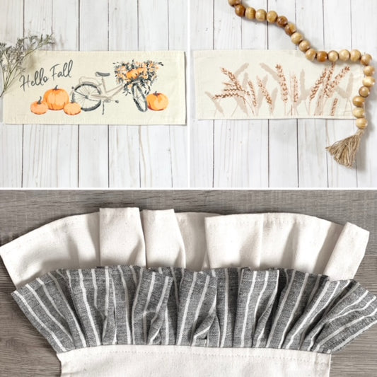 PARTY PACKAGE BUNDLE: Holiday Panel Thanksgiving November Fall Autumn, farmhouse charcoal runner: HARVEST WHEAT / VINTAGE FALL PUMPKIN BIKE + CHARCOAL/CREAM TABLE RUNNER