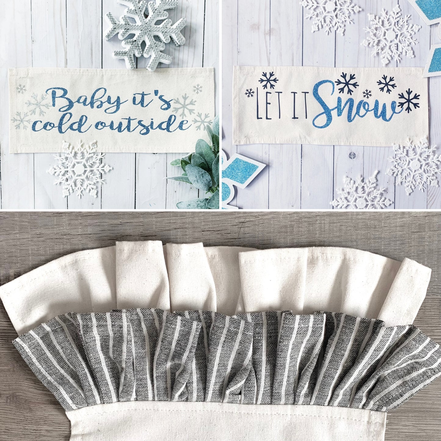 NEW! GLITTER GIFT PARTY PACKAGE BUNDLE: Holiday Pillow Cover Panel Christmas Winter Wonderland: GLITTER LET IT SNOW / BABY IT'S COLD OUTSIDE + charcoal gray stripes table runner