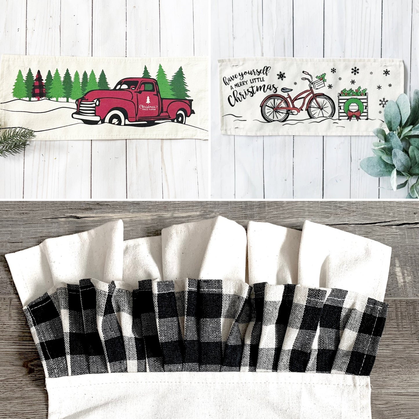 GIFT GUIDE:  FOR THOSE THAT COORDINATE THE PARTY!    GIFT PARTY PACKAGE BUNDLE: Holiday Pillow Cover Panel Christmas Winter: Runner Combo VINTAGE CHRISTMAS BIKE / RED TRUCK + BUFFALO CHECK RUNNER